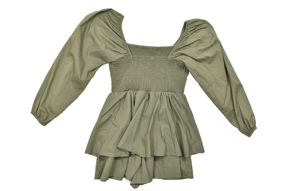Express Olive Green Smocked Puff Sleeve Peplum Top Size M Cotton Blend